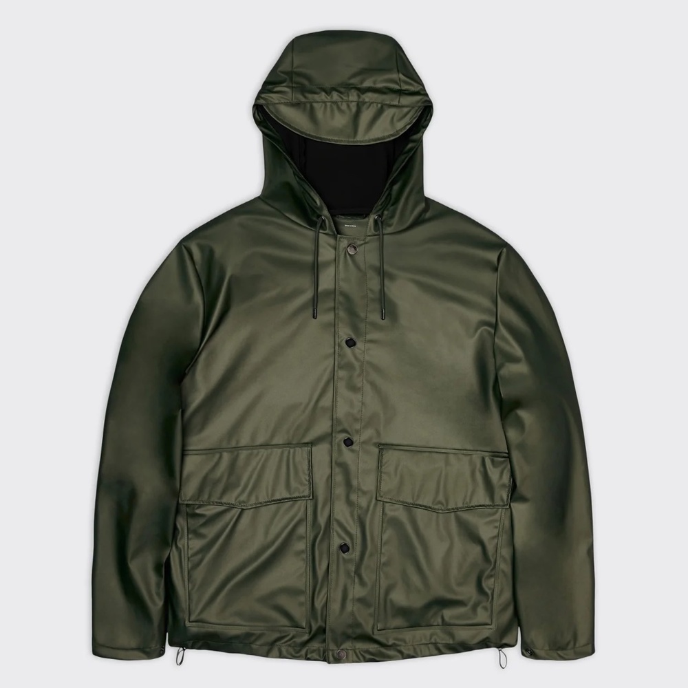RAINS Short Hooded Raincoat Jacket Waterproof Evergreen UNISEX Sz LARGE